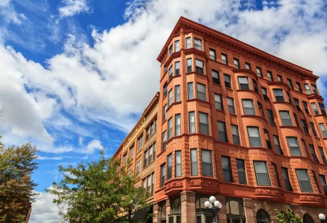 A historic building facade in downtown Bloomington, IL